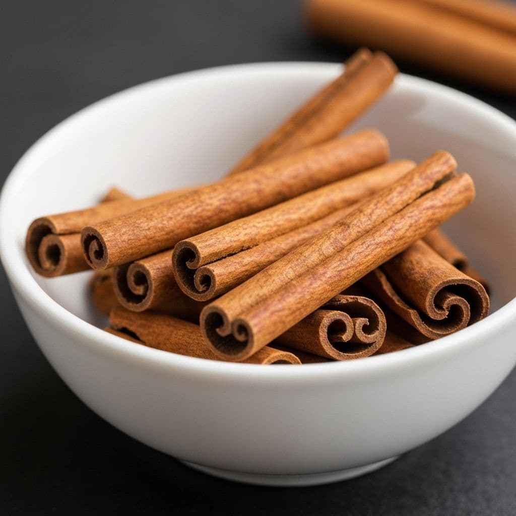 Premium Ceylon cinnamon quills in a white bowl